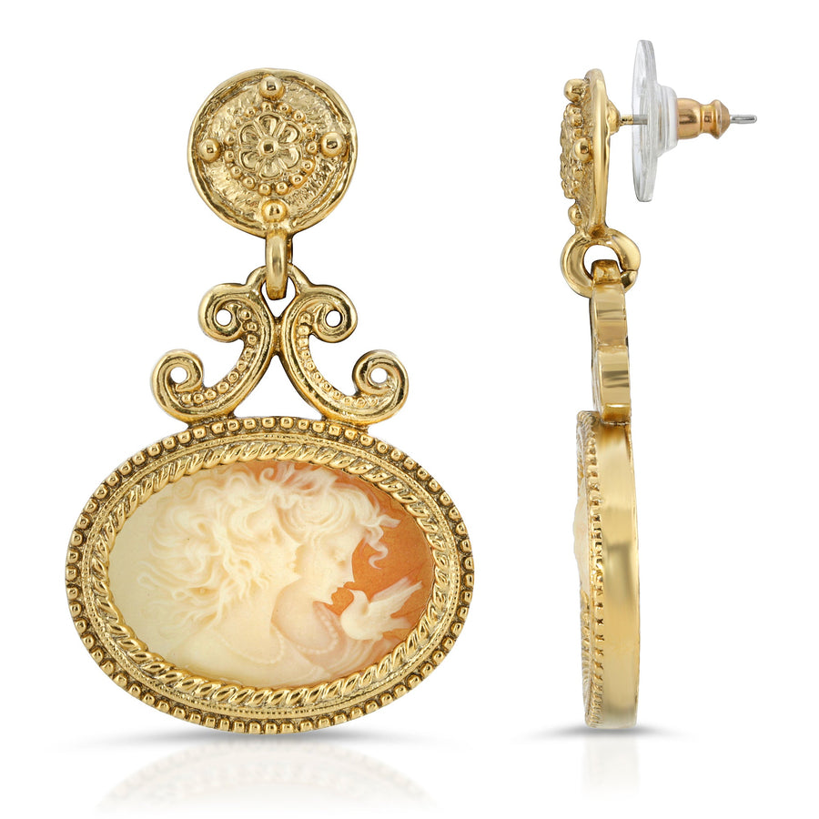 Antiquities Couture Carnelian Color Cameo Twin Muse And Bird Drop Earrings