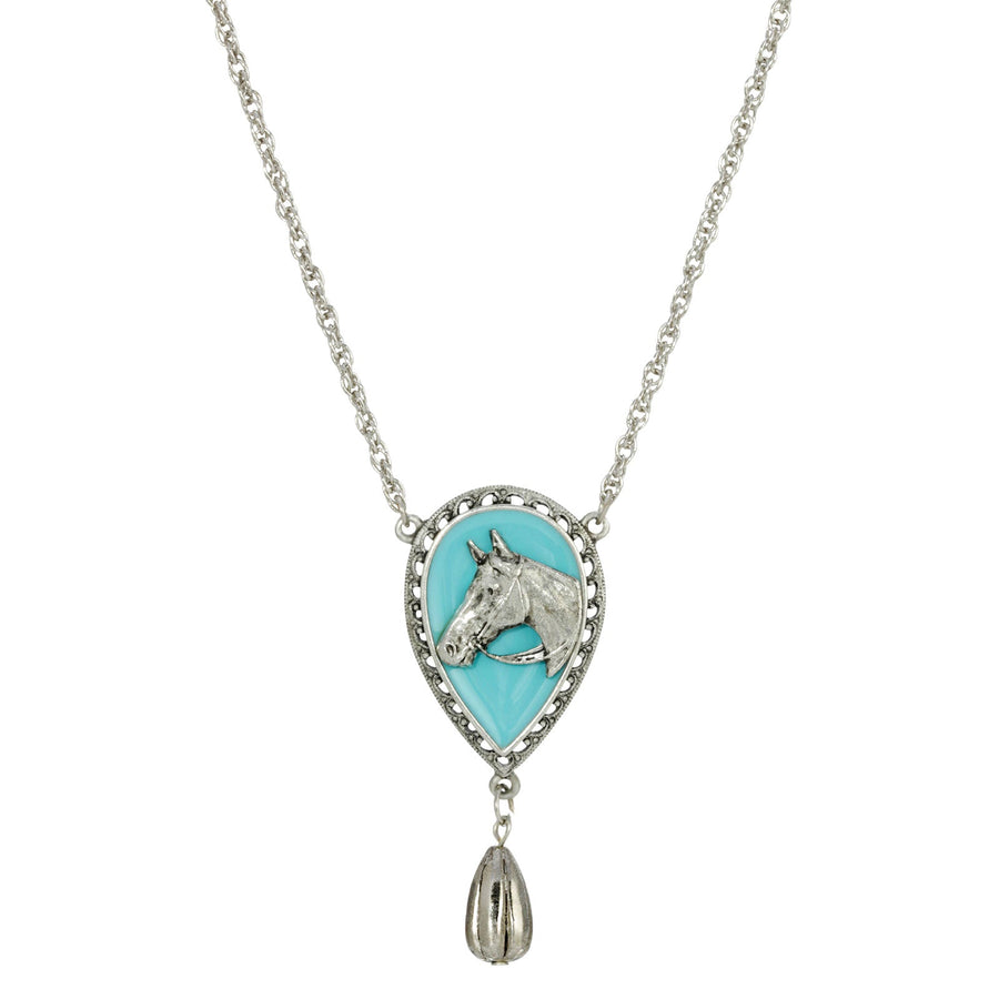1928 Jewelry Southwest Turquoise Horse Head Pendant Teardrop Necklace 18"