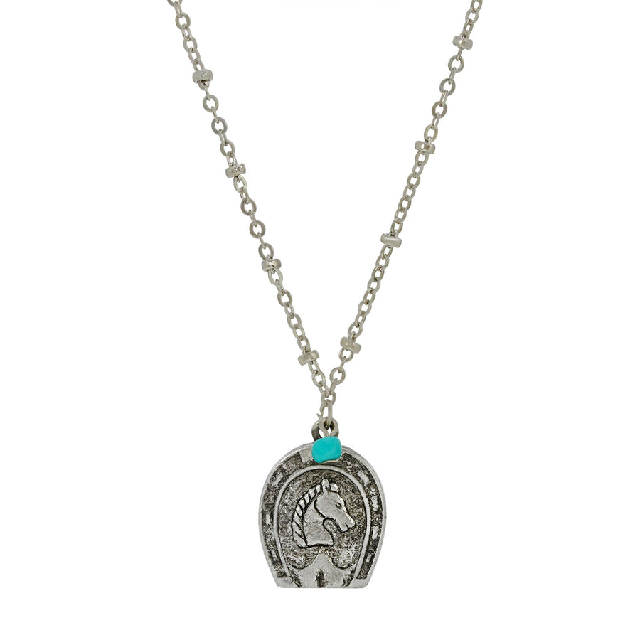 1928 Jewelry Southwest Turquoise Bead Horseshoe & Horse Pendant Necklace 16" + 3" Extender
