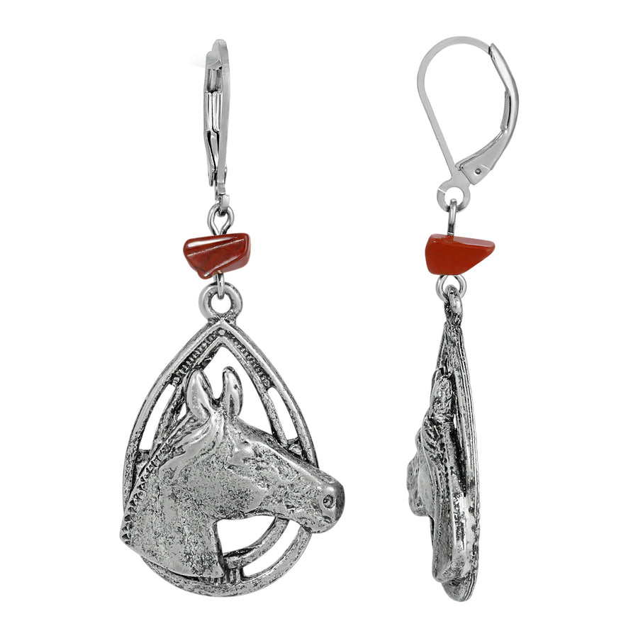 1928 Jewelry Red Jasper Chip Horse Head Drop Earrings