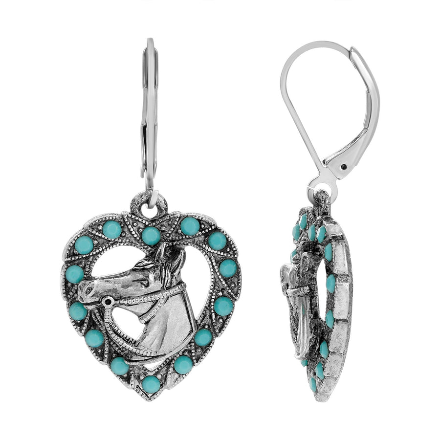 1928 Jewelry Heart Horse Head Turquoise Crystal Drop Earrings