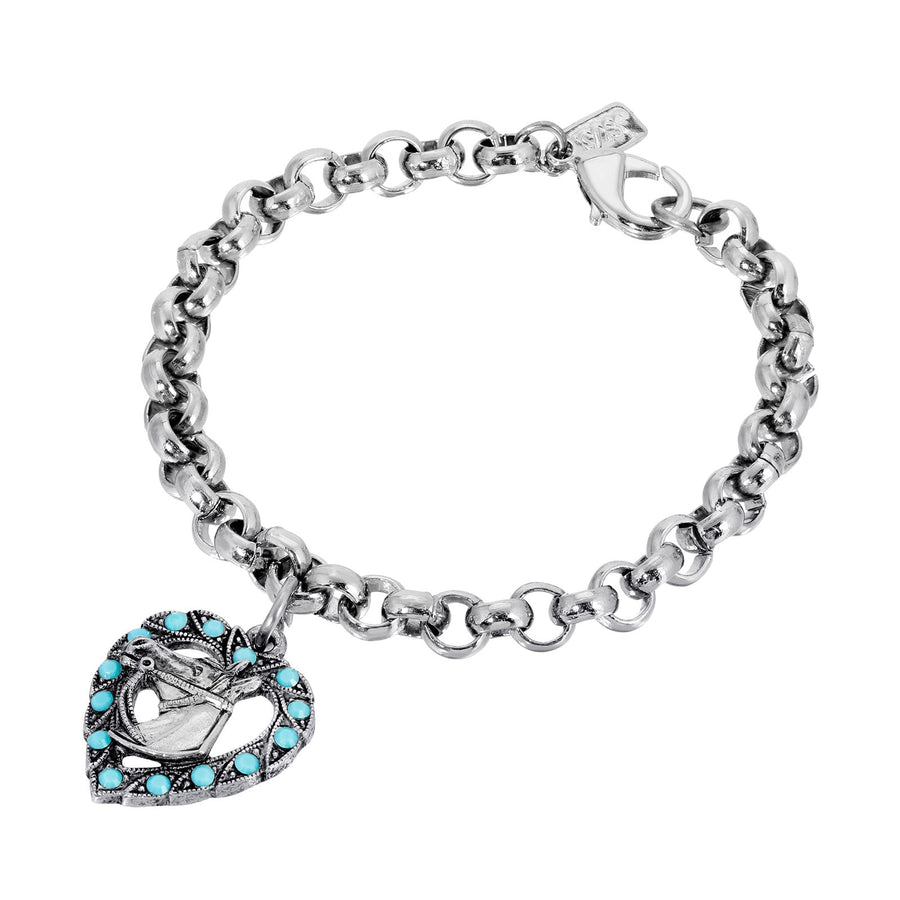 1928 Jewelry Heart With Horse Turquoise Crystal Round Link Bracelet