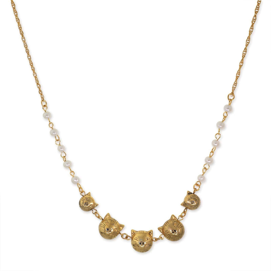 1928 Jewelry Multi Cat Face With Faux Pearl Chain Necklace 16" + 3" Extender