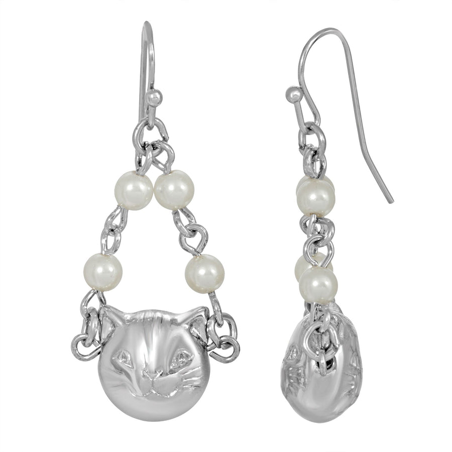1928 Jewelry White Faux Pearl Cat Drop Earrings
