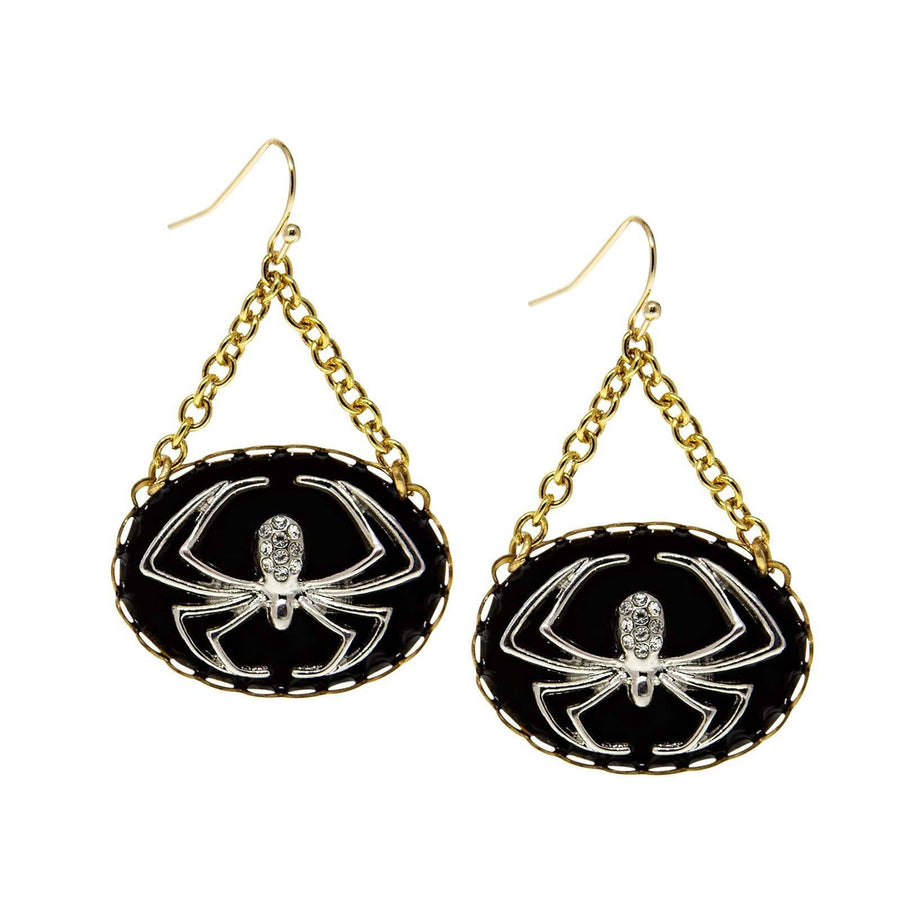1928 Jewelry Round Spider With Black Enamel Chain Drop Wire Earring