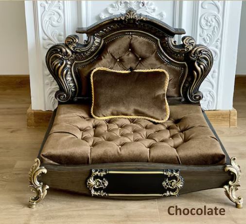 Luxury Baroque Pet Bed in Dark Walnut & Burgundy