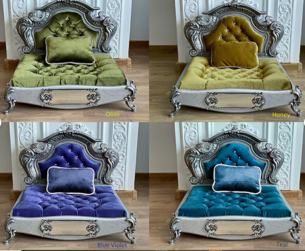 Luxury Baroque Pet Bed in Silver & Teal