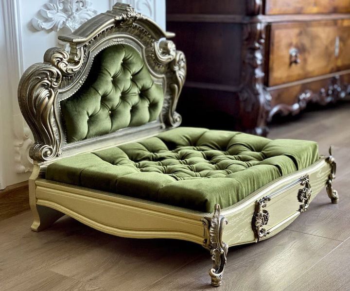 Luxury Baroque Pet Bed in Gold & Olive