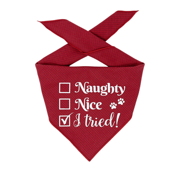 Red Christmas pet bandana with "Naughty, Nice, I Tried" text and festive pattern, perfect holiday accessory for pets.