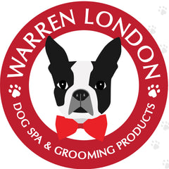 Warren London logo featuring a Boston Terrier with a red bow tie inside a circular red banner labeled "Dog Spa & Grooming Products"