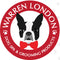 Warren London logo featuring a Boston Terrier with a red bow tie inside a circular red banner labeled "Dog Spa & Grooming Products"