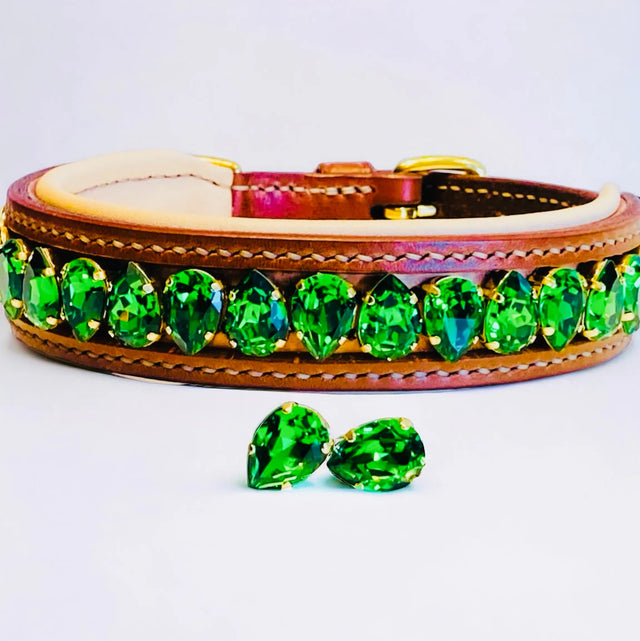 Luxury green crystal-studded designer dog collar with matching accessories from HT Animal Supply's premium pet products collection