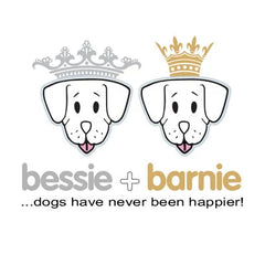 Logo of Bessie + Barnie featuring two happy dogs with crowns, symbolizing luxury pet products and superior craftsmanship.