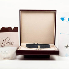 Bloom Jewellery 18K white gold pear diamond dog necklace in luxury packaging, showcasing certificates and branding.