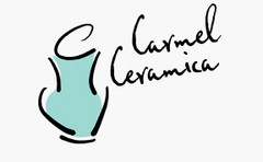 Carmel Ceramica logo featuring stylized ceramic vase and elegant script branding.