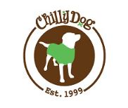 Chilly Dog logo featuring a dog in a green sweater, brown background, Established 1999