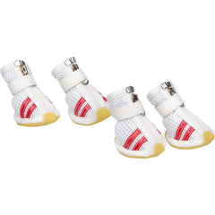 Set of four stylish white and red dog shoes for outdoor adventures and indoor comfort, perfect for protecting your pup's paws.