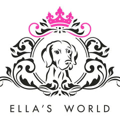 Logo of Ella's World featuring an elegant dog silhouette with a crown, set in a lavish ornamental frame, symbolizing luxury pet accessories.