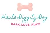 Haute Diggity Dog logo with pink bone, slogan 'Bark, Love, Play!' for luxury pet products