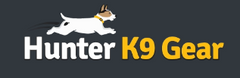 Logo of Hunter K9 Gear featuring a cartoon dog in motion, highlighting premium pet supplies.