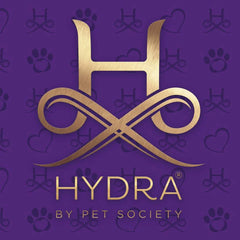 Gold Hydra logo on purple with stylized H and infinity symbol for premium pet products