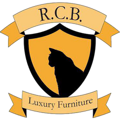 Logo of Royal Cat Boutique featuring a black cat silhouette on a golden shield, with banners reading 'R.C.B.' and 'Luxury Furniture'