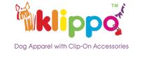 Colorful Klippo logo featuring a dog, promoting dog apparel with clip-on accessories