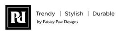 Logo of Paisley Paw Designs featuring "Trendy | Stylish | Durable" tagline, emphasizing quality pet fashion.