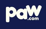 Logo of Paw.com, featuring white text on a navy background for the best online pet store.