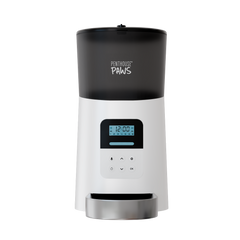 Modern black automatic pet feeder by Penthouse Paws with digital clock display, part of innovative pet solutions collection.