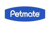 Petmate logo on a blue background, representing a top brand for premium and eco-friendly pet supplies.