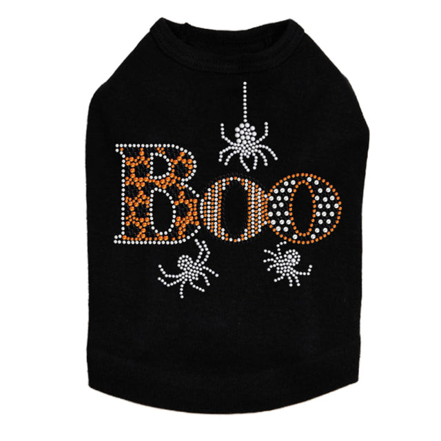 Black dog sweater with sparkling "BOO" and spider design, perfect for Halloween from HT Animal Supply.