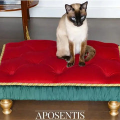 Siamese cat sitting on a luxurious Aposentis red and green handmade cat bed, showcasing eco-friendly luxury pet accessories.