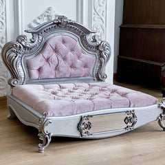 Elegant luxury pet bed from HT Animal Supply, featuring plush pink cushioning and ornate silver frame, perfect for stylish comfort.