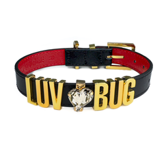 Luxury Valentine's Day dog collar featuring 'LUV BUG' in gold letters and a heart-shaped charm, from our designer pet accessories collection.