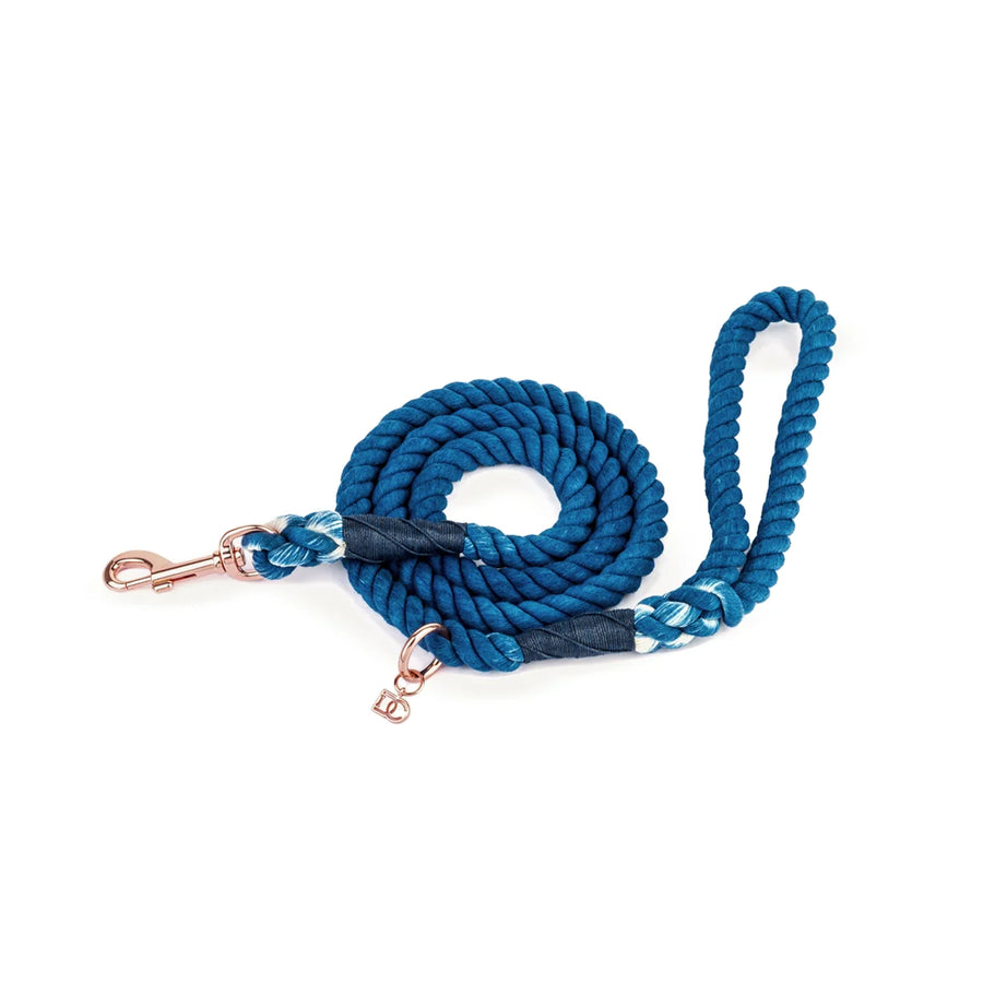 Rope Dog Leash - Blue with Rose Gold & Charm