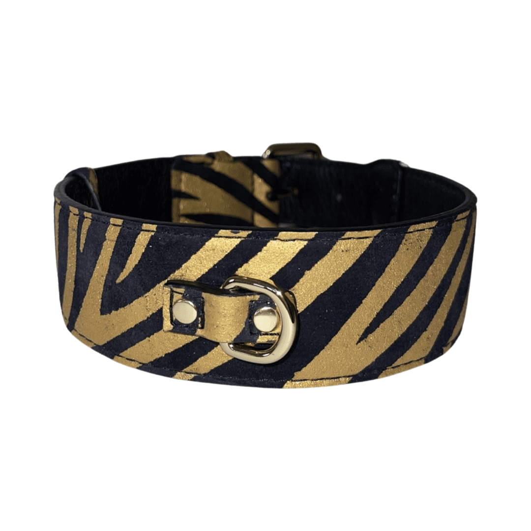 Black & Gold Zebra Print Italian Leather Classic Collar