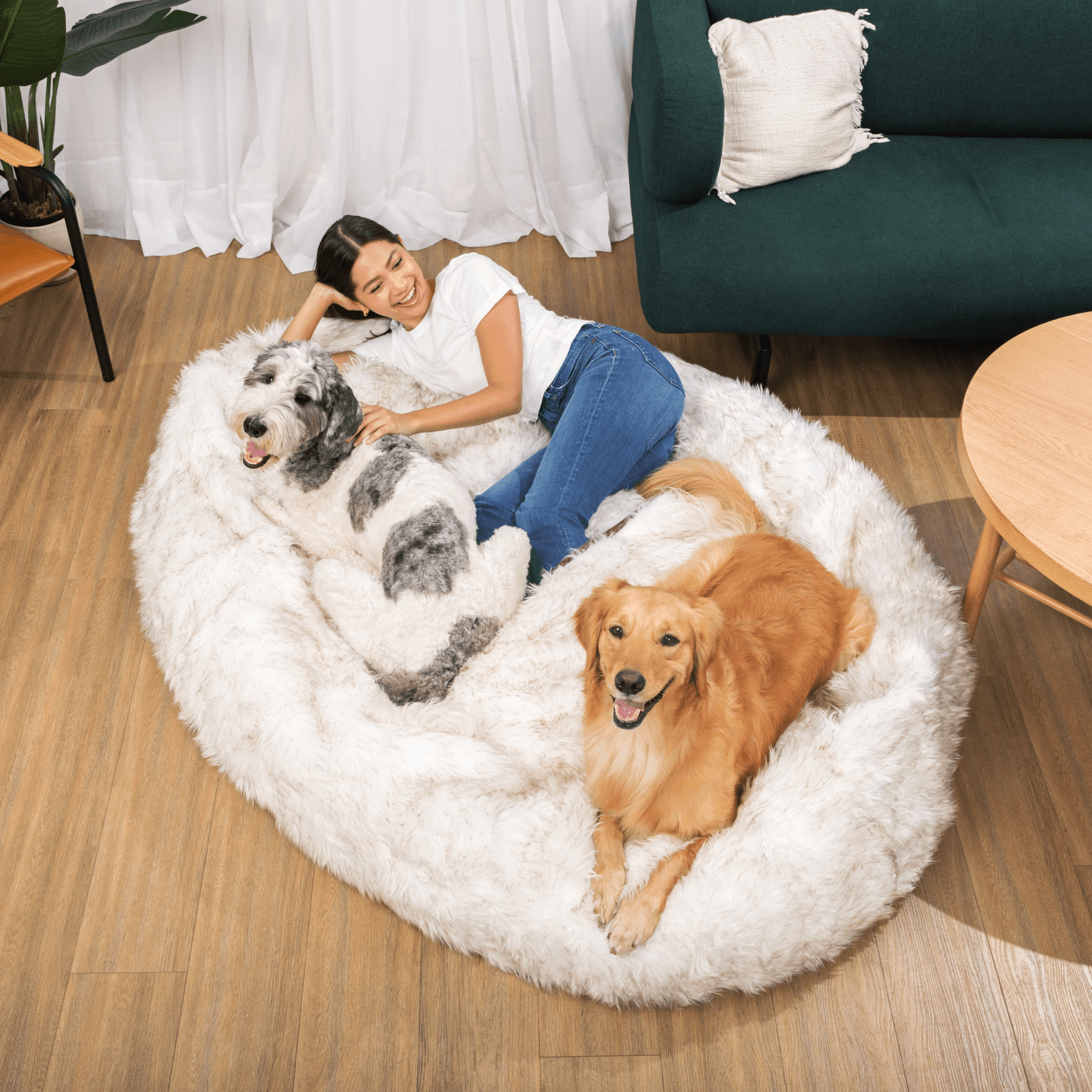 PupCloud Human-Size Faux Fur Memory Foam Dog Bed - White with Brown Accents