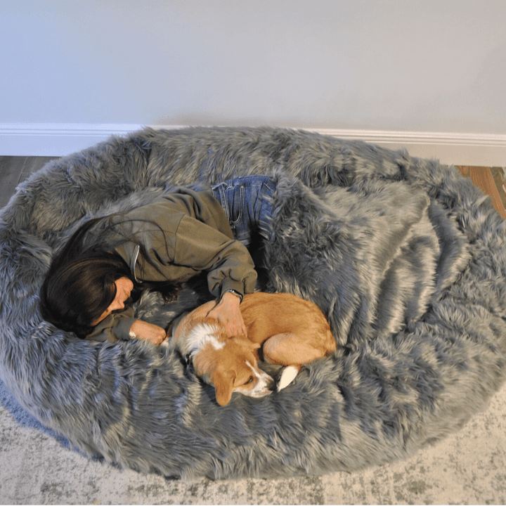 PupCloud™ Human-Size Faux Fur Memory Foam Dog Bed - Charcoal Grey