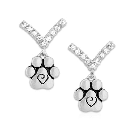 Cubic Zirconia VIP Paw Print Dangle Post Earrings in Sterling Silver