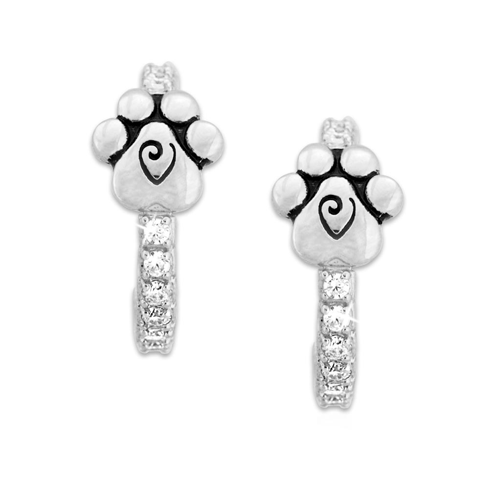 Cubic Zirconia VIP Paw Print Hoop Earrings in Sterling Silver