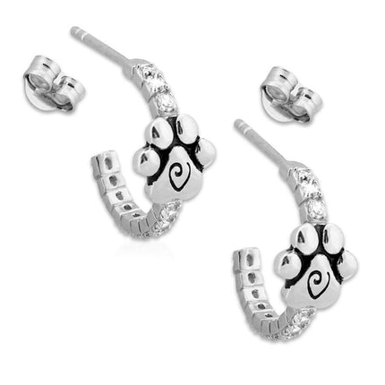 Cubic Zirconia VIP Paw Print Hoop Earrings in Sterling Silver