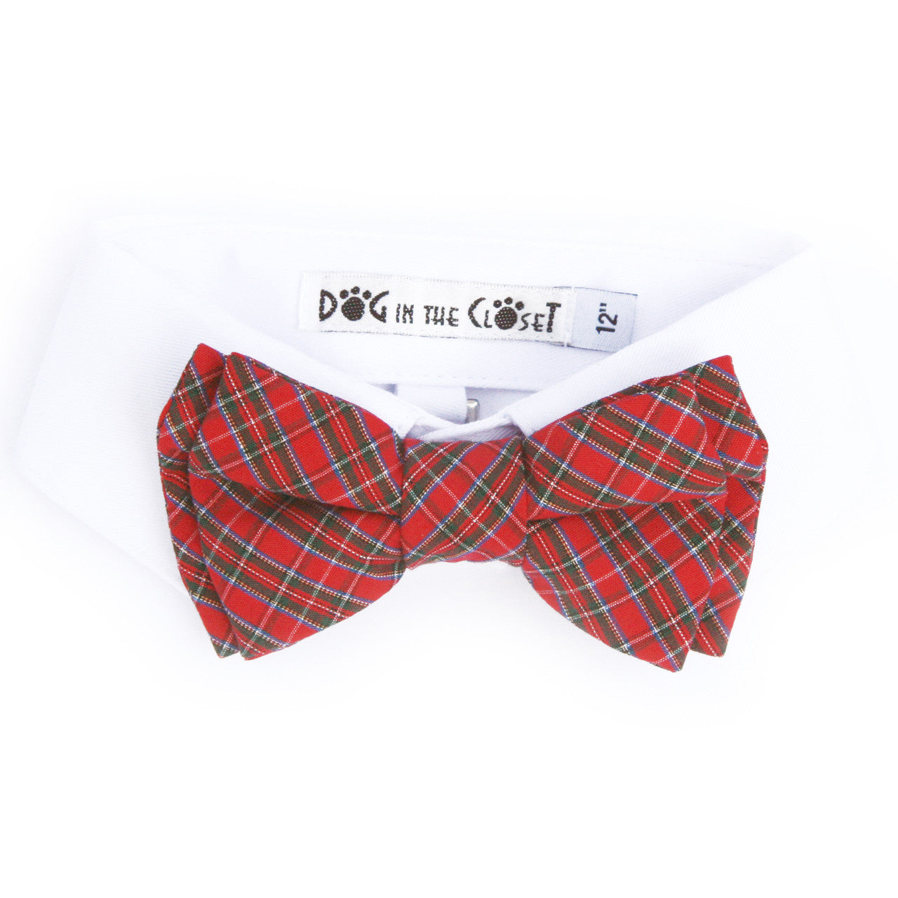 White Shirt Dog Collar with Red Tartan Plaid Bow Tie