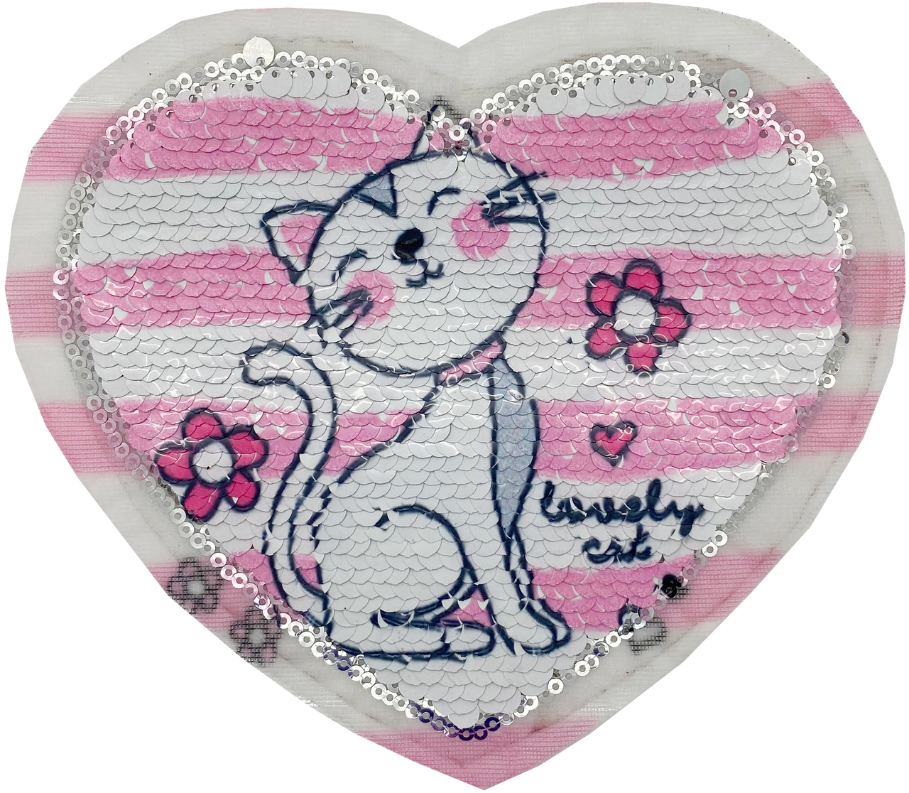 Pink Sequin Cat with Flowers Heart - Patch