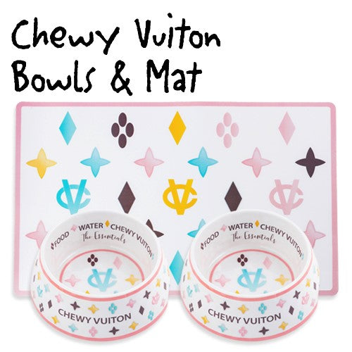 White Chewy Vuiton Bowls & Mat Bundle #25