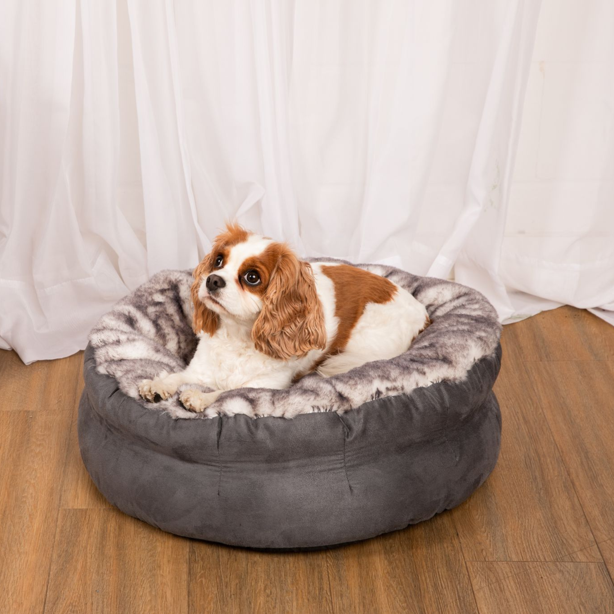 PupPouf Luxe Faux Fur Donut Dog Bed - Ultra Soft Chinchilla