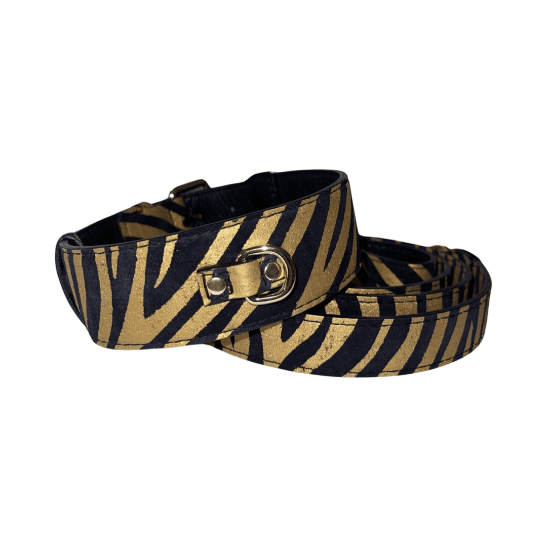 Black & Gold Zebra Print Italian Leather Classic Collar & Leash Set