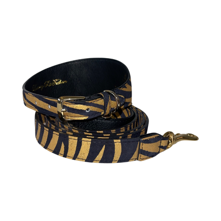 Black & Gold Zebra Print Italian Leather Collar & Leash Set