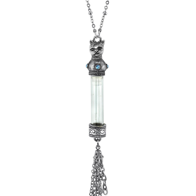 1928 Jewelry Cat Glass Vial Light Blue Crystal Tassel Necklace 30"