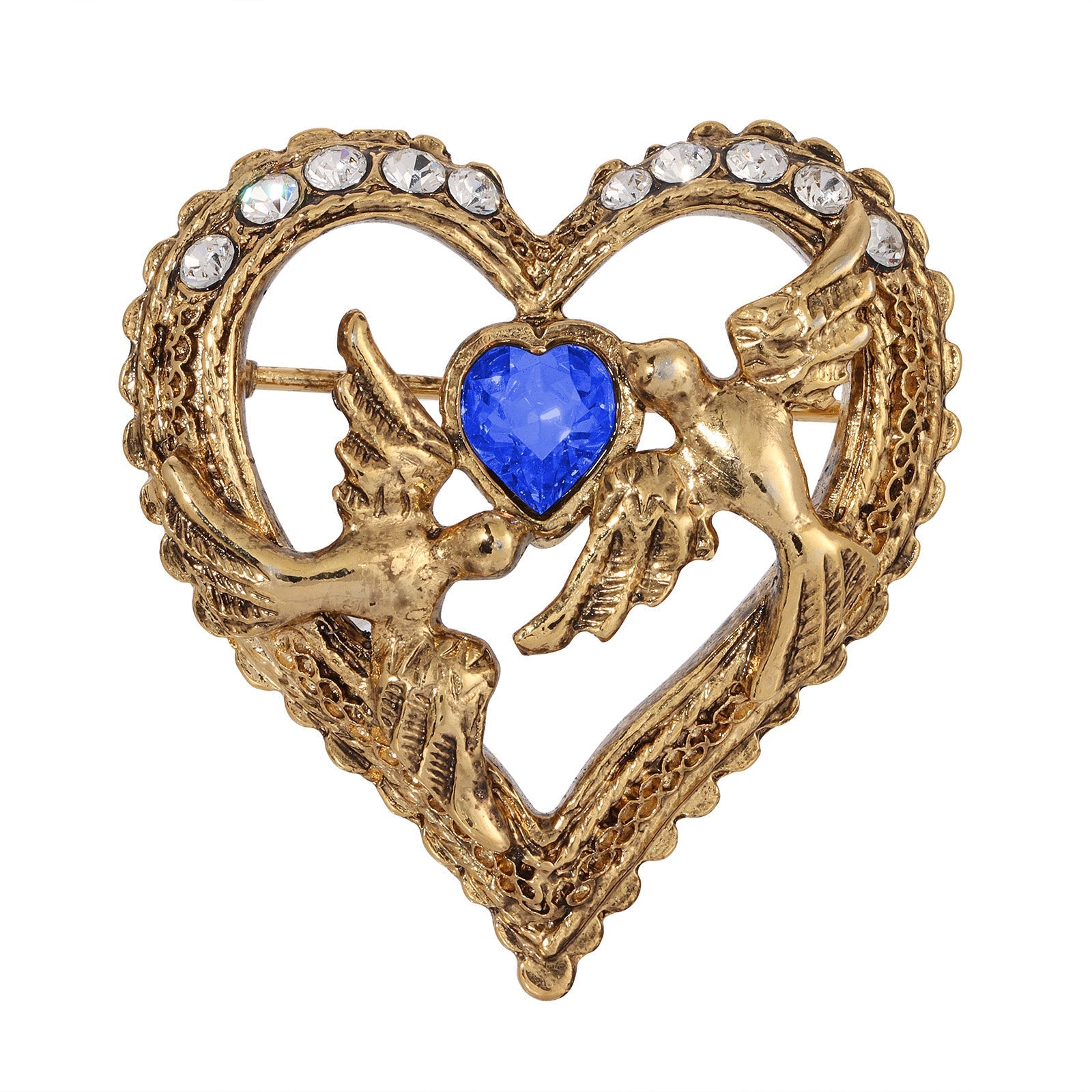 1928 Jewelry Crystal Heart Love Birds Pin HT Animal Supply